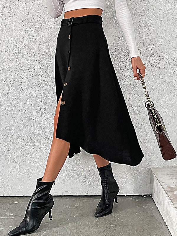 A-line High Waisted Buckle Buttoned Solid Color Skirts Bottoms - Image 5