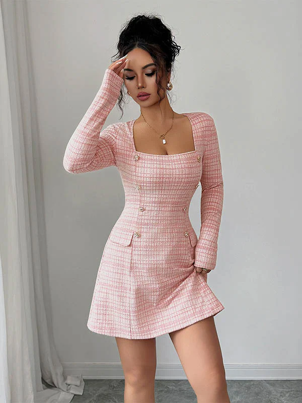 A-Line High Waisted Buttoned Contrast Color Plaid Square-Neck Mini Dresses - Image 4