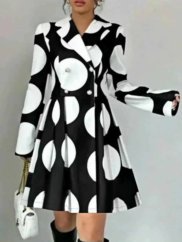 A-line High Waisted Buttoned Contrast Color Pleated Polka-Dot Lapel Mini Dresses