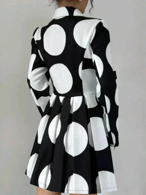 A-line High Waisted Buttoned Contrast Color Pleated Polka-Dot Lapel Mini Dresses - Image 2