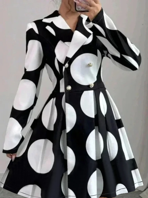 A-line High Waisted Buttoned Contrast Color Pleated Polka-Dot Lapel Mini Dresses - Image 3