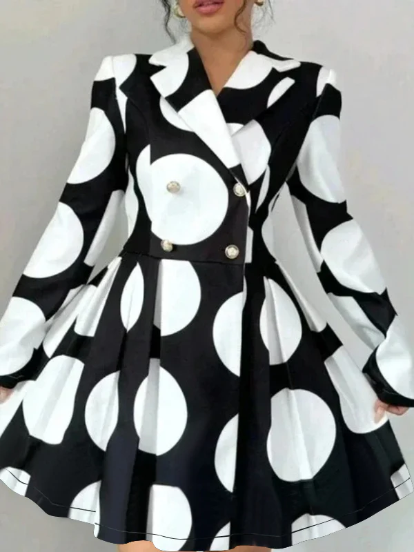 A-line High Waisted Buttoned Contrast Color Pleated Polka-Dot Lapel Mini Dresses - Image 4