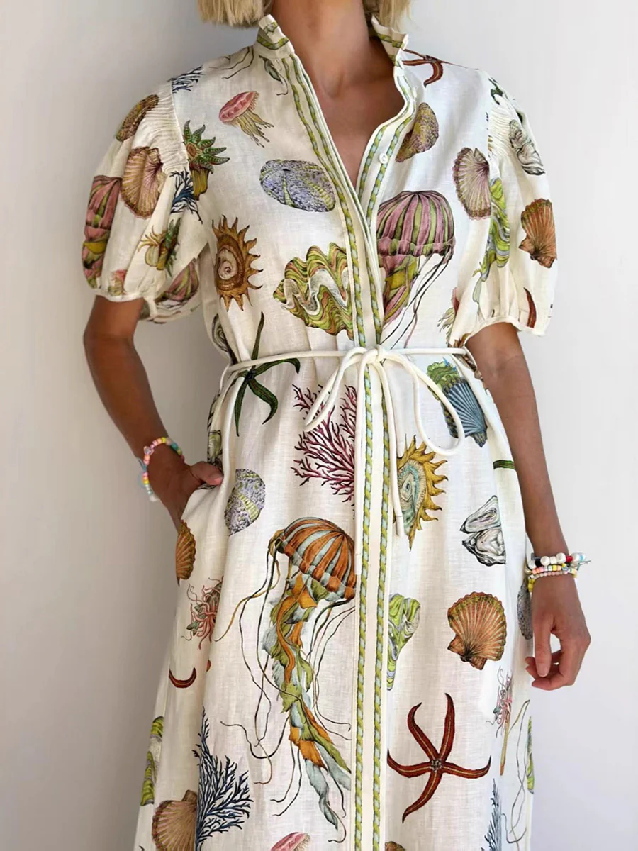 A-Line High Waisted Buttoned Contrast Color Pockets Print Split-Joint Tied Waist Stand Collar Maxi Dresses Shirt Dress - Image 2