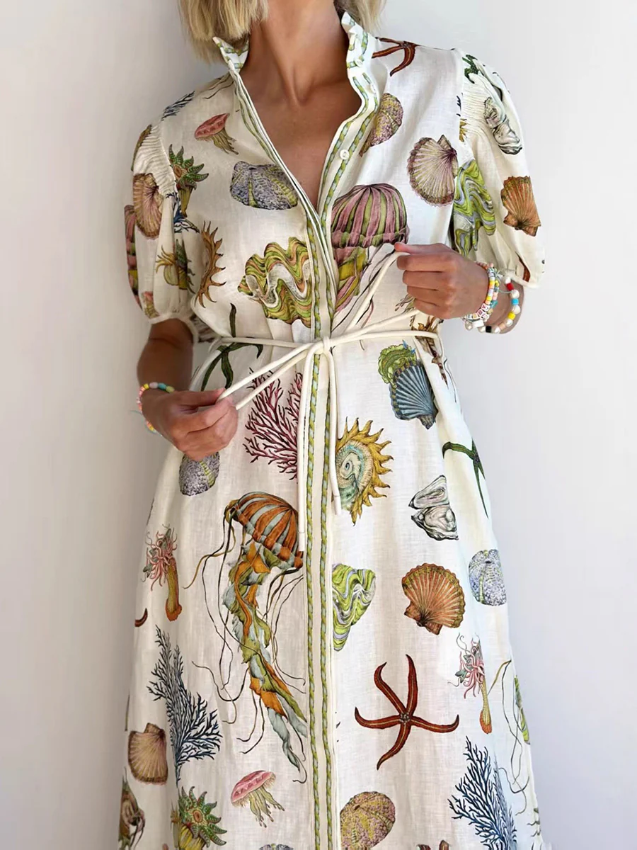 A-Line High Waisted Buttoned Contrast Color Pockets Print Split-Joint Tied Waist Stand Collar Maxi Dresses Shirt Dress - Image 3