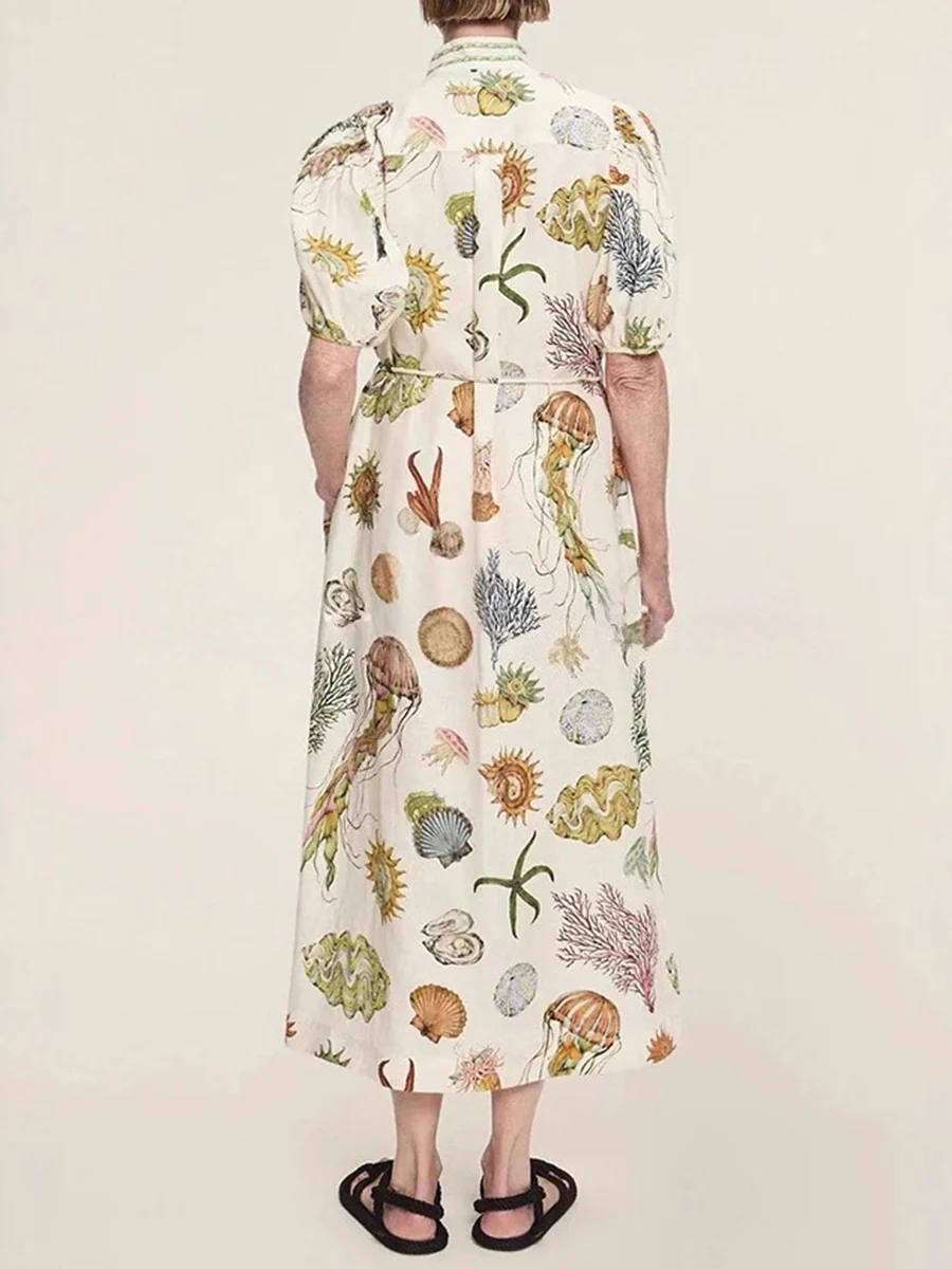 A-Line High Waisted Buttoned Contrast Color Pockets Print Split-Joint Tied Waist Stand Collar Maxi Dresses Shirt Dress - Image 4