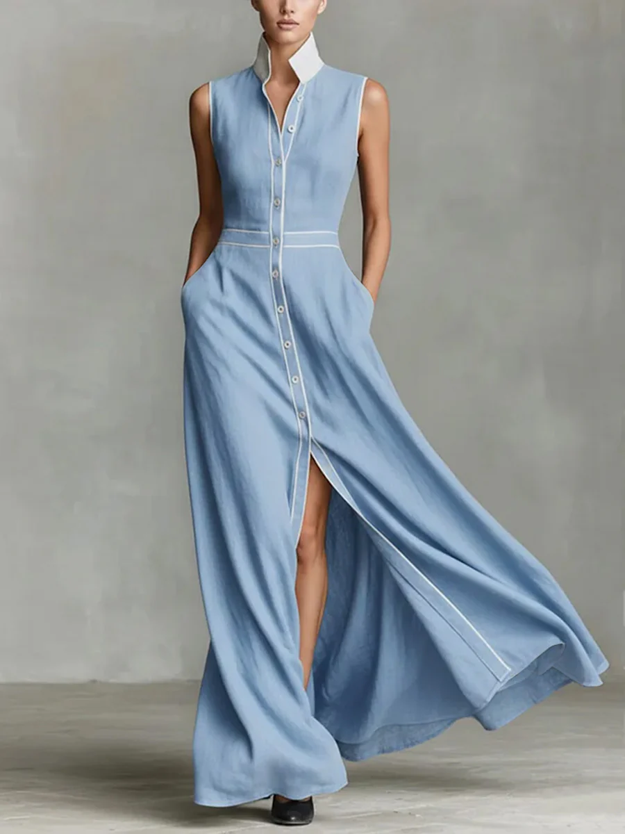A-Line High Waisted Buttoned Contrast Color Pockets Split-Joint Lapel Maxi Dresses - Image 2