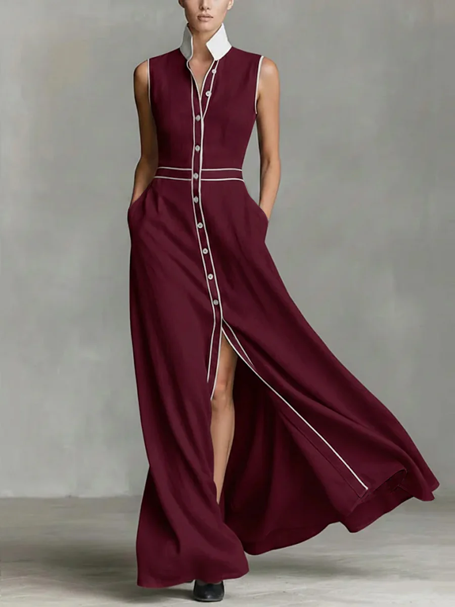 A-Line High Waisted Buttoned Contrast Color Pockets Split-Joint Lapel Maxi Dresses - Image 3
