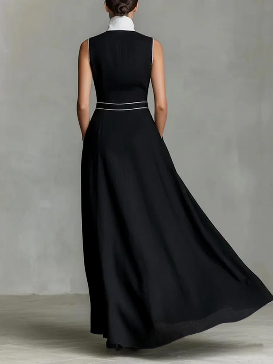 A-Line High Waisted Buttoned Contrast Color Pockets Split-Joint Lapel Maxi Dresses - Image 4