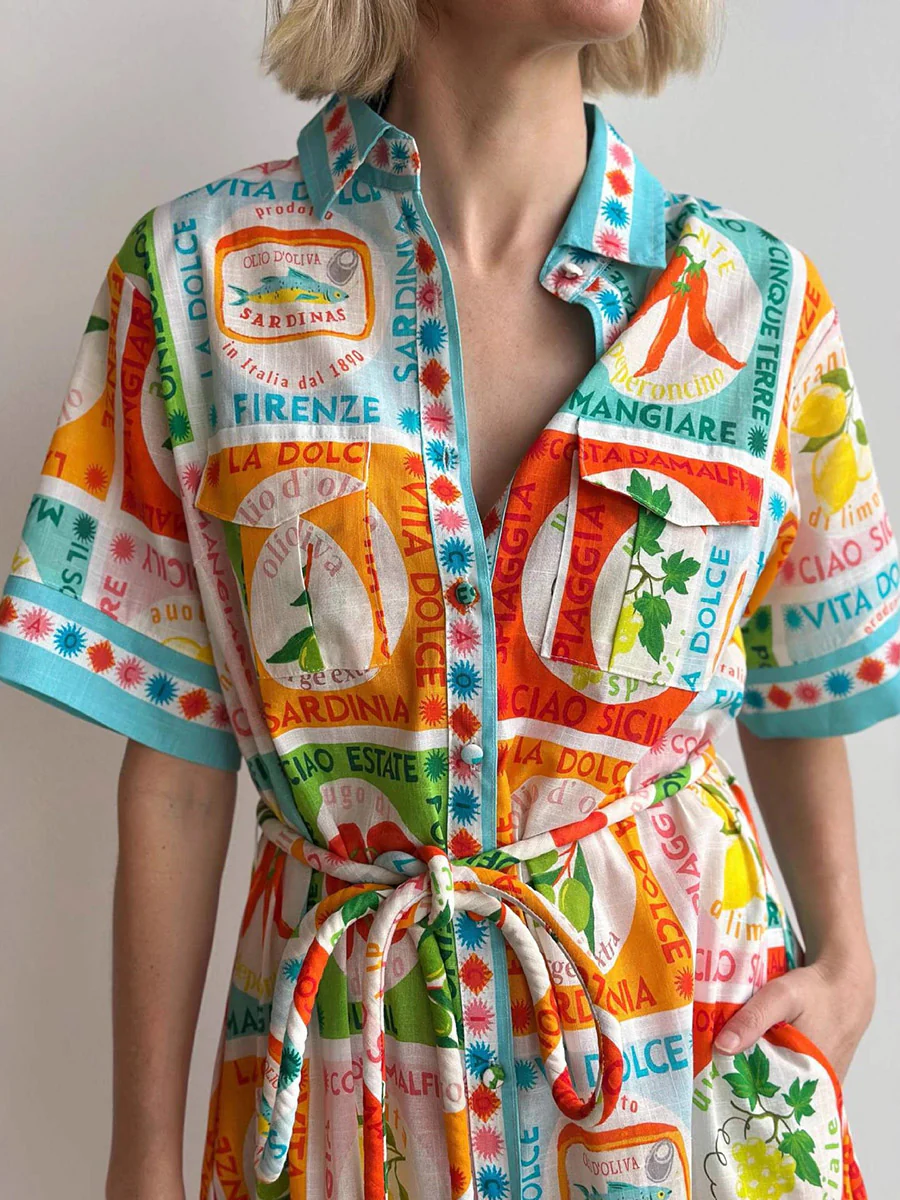 A-Line High Waisted Buttoned Contrast Color Printed Split-Joint Tied Waist Lapel Maxi Dresses Shirt Dress - Image 2
