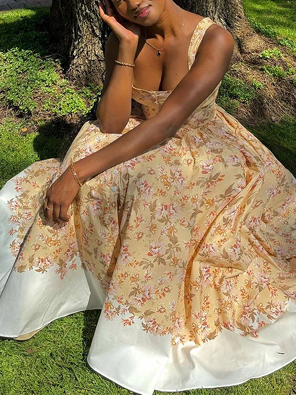 A-Line High Waisted Buttoned Flower Print Pleated Zipper Spaghetti-Neck Maxi Dresses - Image 3