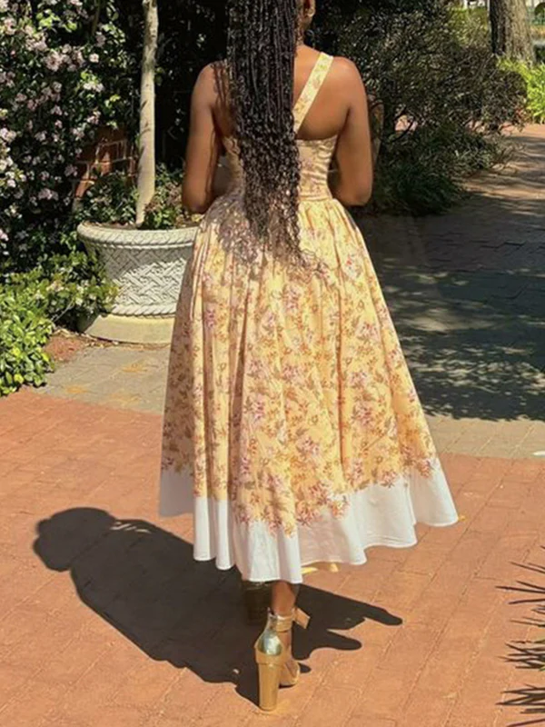 A-Line High Waisted Buttoned Flower Print Pleated Zipper Spaghetti-Neck Maxi Dresses - Image 4