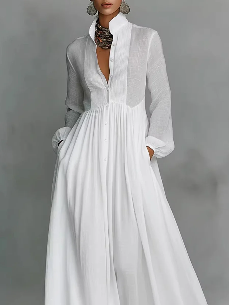 A-Line High Waisted Buttoned Pleated Pockets Solid Color Split-Joint Stand Collar Maxi Dresses Shirt Dress - Image 2