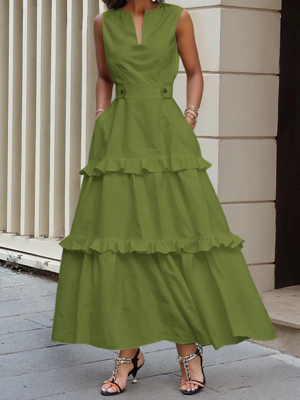 A-Line High Waisted Buttoned Pleated Pockets Solid Color Split-Joint V-Neck Maxi Dresses - Image 2