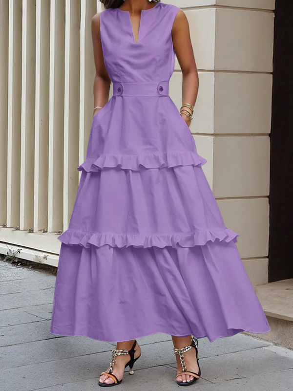 A-Line High Waisted Buttoned Pleated Pockets Solid Color Split-Joint V-Neck Maxi Dresses - Image 3