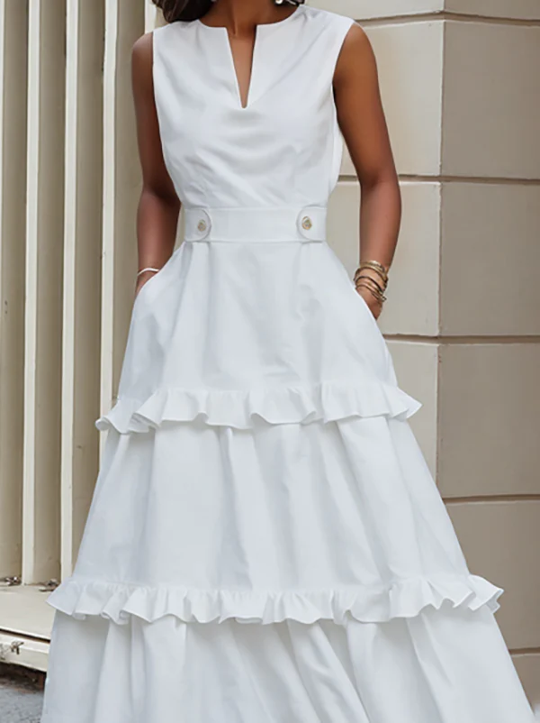 A-Line High Waisted Buttoned Pleated Pockets Solid Color Split-Joint V-Neck Maxi Dresses - Image 4