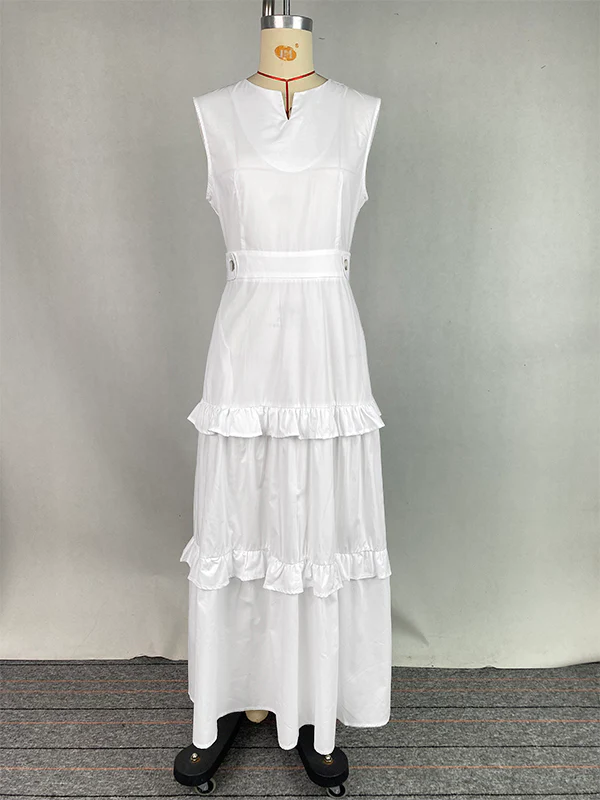 A-Line High Waisted Buttoned Pleated Pockets Solid Color Split-Joint V-Neck Maxi Dresses - Image 5
