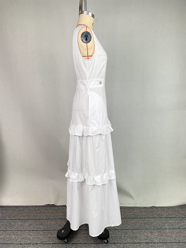 A-Line High Waisted Buttoned Pleated Pockets Solid Color Split-Joint V-Neck Maxi Dresses - Image 6