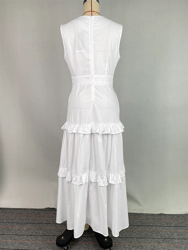 A-Line High Waisted Buttoned Pleated Pockets Solid Color Split-Joint V-Neck Maxi Dresses - Image 7