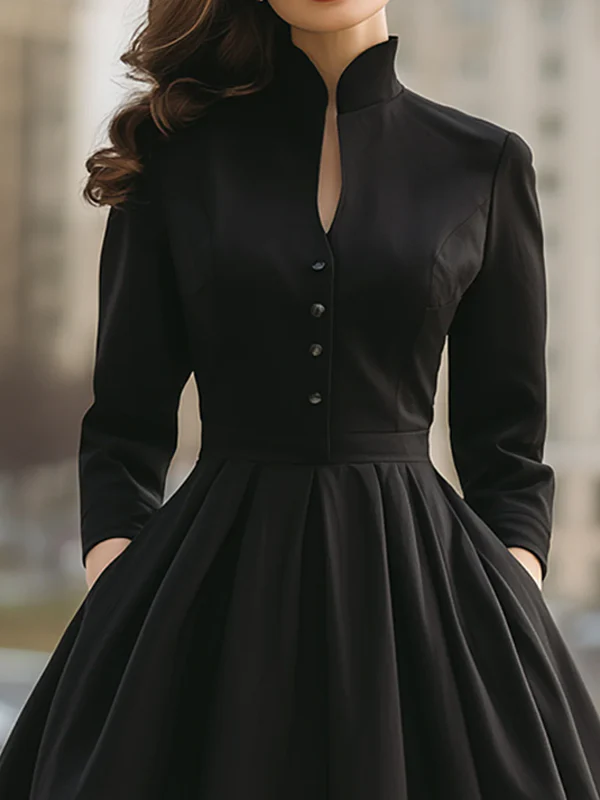 A-Line High Waisted Buttoned Pleated Pockets Solid Color Stand Collar Midi Dresses - Image 2