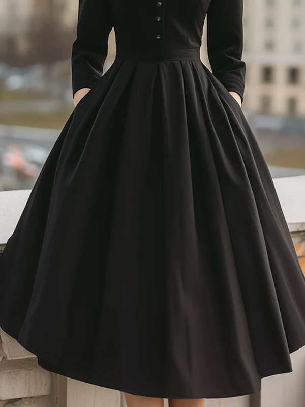 A-Line High Waisted Buttoned Pleated Pockets Solid Color Stand Collar Midi Dresses - Image 3