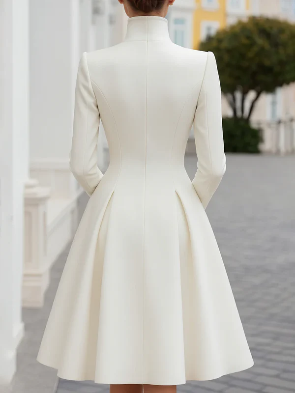 A-Line High Waisted Buttoned Pleated Pockets Solid Color Stand Collar Midi Dresses Overcoat - Image 2