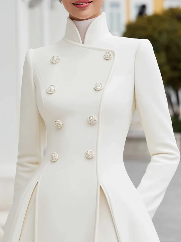 A-Line High Waisted Buttoned Pleated Pockets Solid Color Stand Collar Midi Dresses Overcoat - Image 3