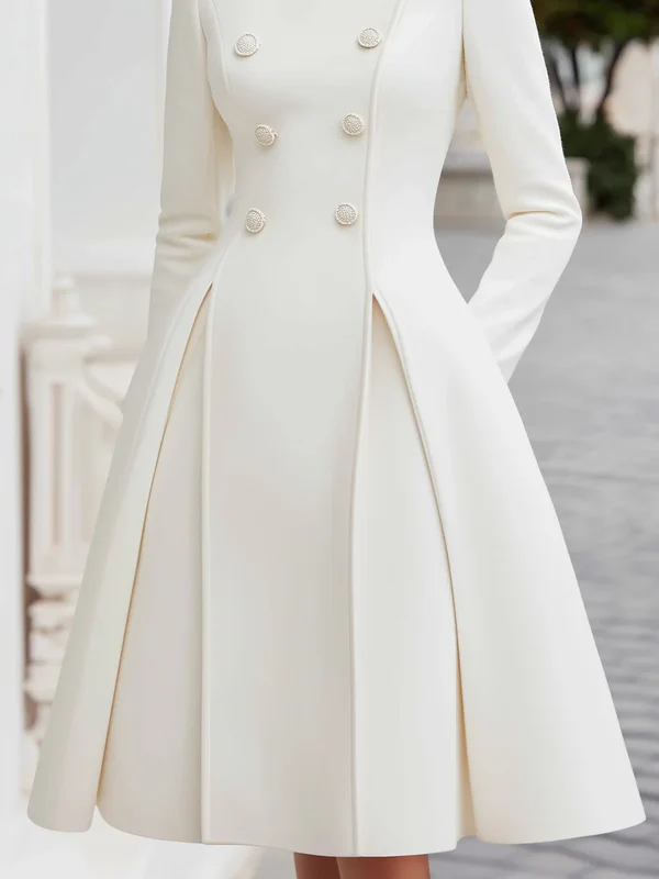 A-Line High Waisted Buttoned Pleated Pockets Solid Color Stand Collar Midi Dresses Overcoat - Image 4
