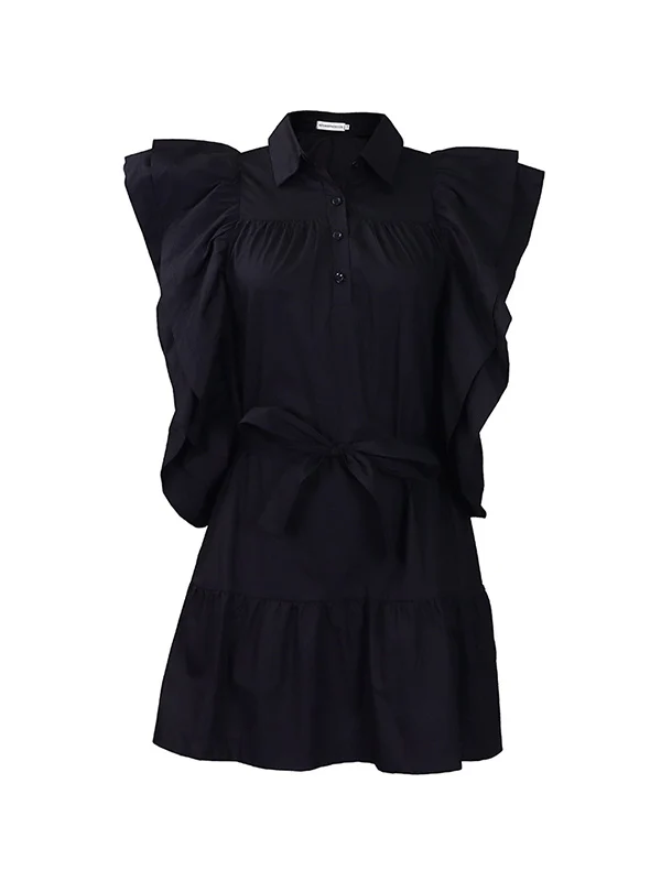 A-Line High Waisted Buttoned Pleated Ruffled Solid Color Tied Waist Lapel Mini Dresses - Image 10