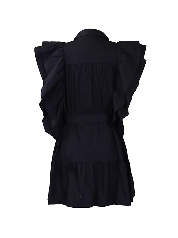 A-Line High Waisted Buttoned Pleated Ruffled Solid Color Tied Waist Lapel Mini Dresses - Image 11