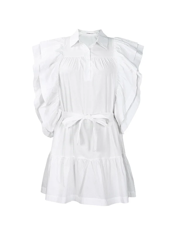 A-Line High Waisted Buttoned Pleated Ruffled Solid Color Tied Waist Lapel Mini Dresses - Image 13