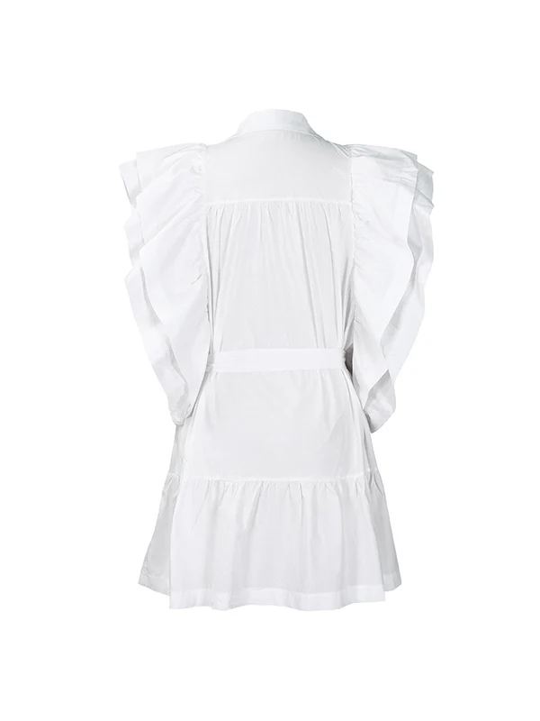 A-Line High Waisted Buttoned Pleated Ruffled Solid Color Tied Waist Lapel Mini Dresses - Image 14