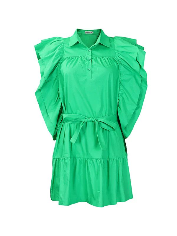 A-Line High Waisted Buttoned Pleated Ruffled Solid Color Tied Waist Lapel Mini Dresses - Image 16