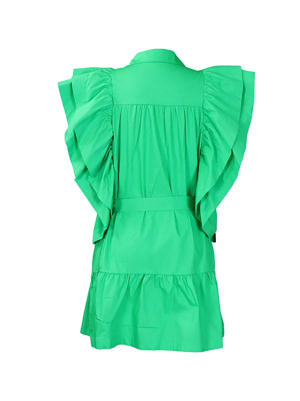 A-Line High Waisted Buttoned Pleated Ruffled Solid Color Tied Waist Lapel Mini Dresses - Image 17
