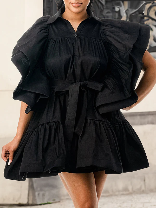 A-Line High Waisted Buttoned Pleated Ruffled Solid Color Tied Waist Lapel Mini Dresses - Image 3
