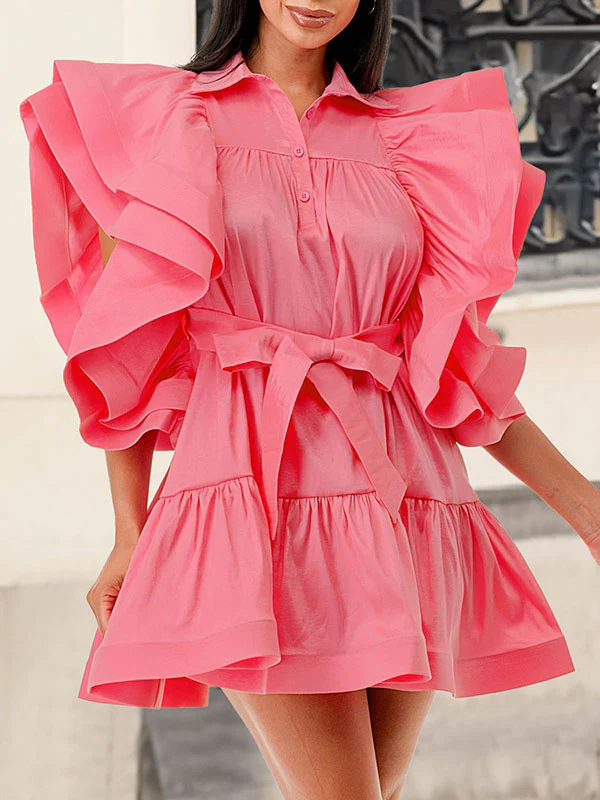 A-Line High Waisted Buttoned Pleated Ruffled Solid Color Tied Waist Lapel Mini Dresses - Image 4