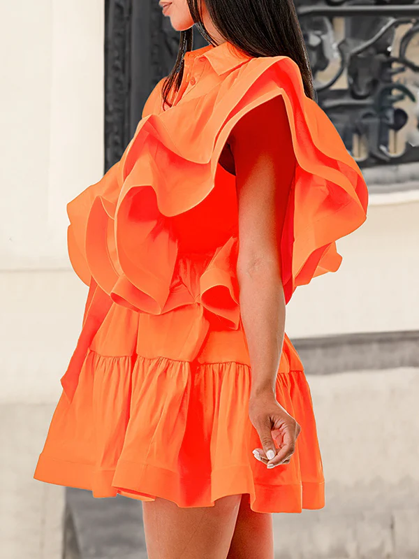 A-Line High Waisted Buttoned Pleated Ruffled Solid Color Tied Waist Lapel Mini Dresses - Image 6
