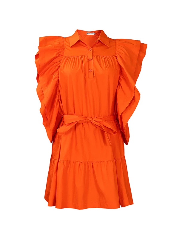 A-Line High Waisted Buttoned Pleated Ruffled Solid Color Tied Waist Lapel Mini Dresses - Image 8