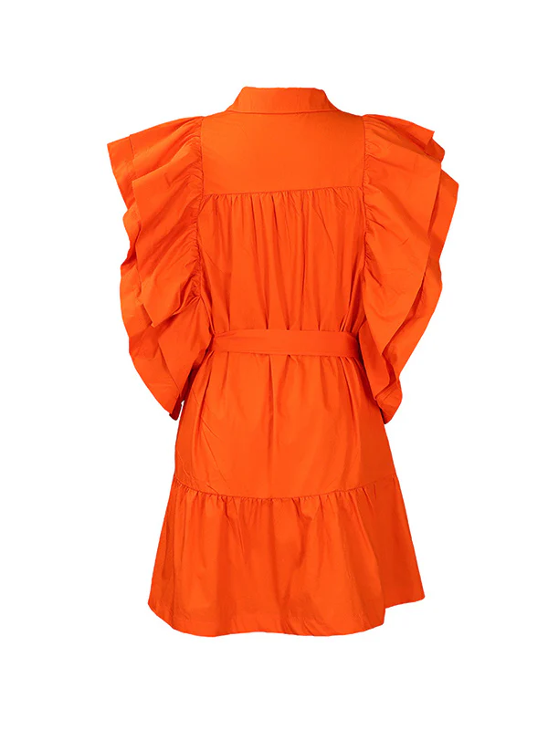 A-Line High Waisted Buttoned Pleated Ruffled Solid Color Tied Waist Lapel Mini Dresses - Image 9
