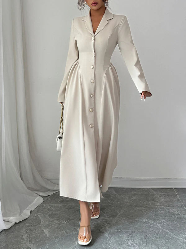 A-Line High Waisted Buttoned Pleated Solid Color Split-Joint Notched Collar Maxi Dresses Shirt Dress - Image 2
