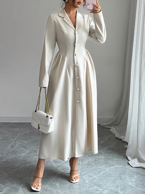 A-Line High Waisted Buttoned Pleated Solid Color Split-Joint Notched Collar Maxi Dresses Shirt Dress - Image 3