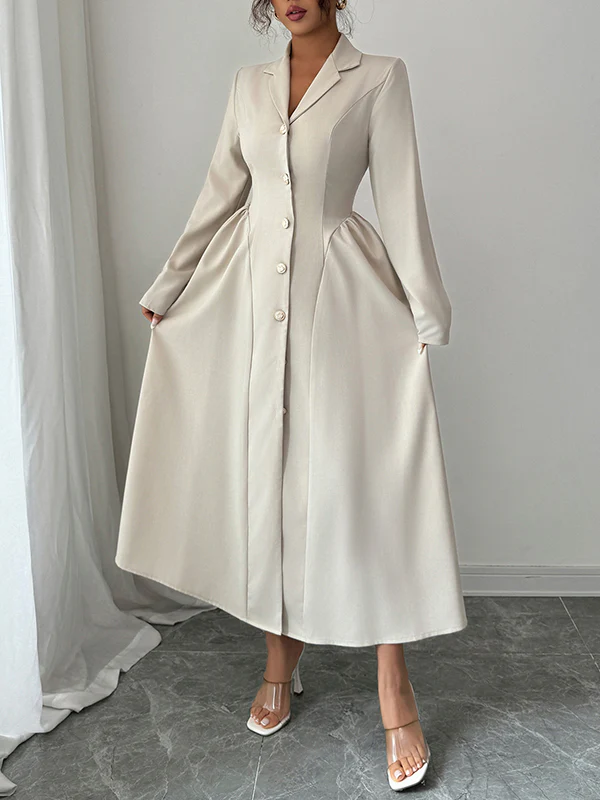 A-Line High Waisted Buttoned Pleated Solid Color Split-Joint Notched Collar Maxi Dresses Shirt Dress - Image 4