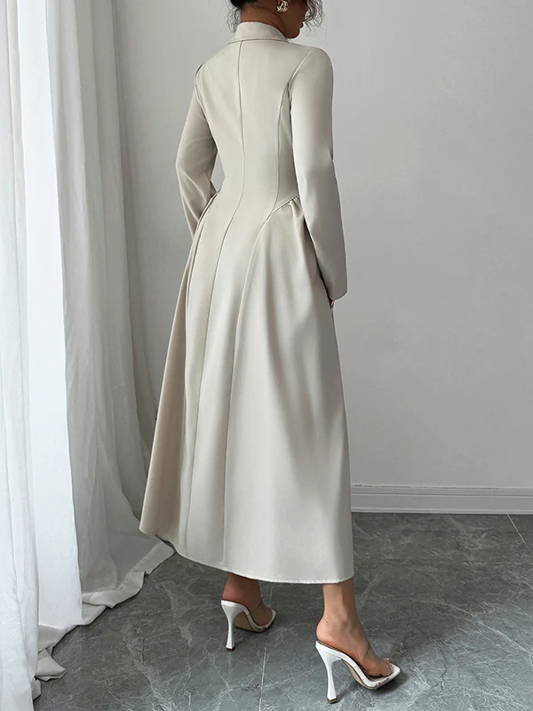 A-Line High Waisted Buttoned Pleated Solid Color Split-Joint Notched Collar Maxi Dresses Shirt Dress - Image 5