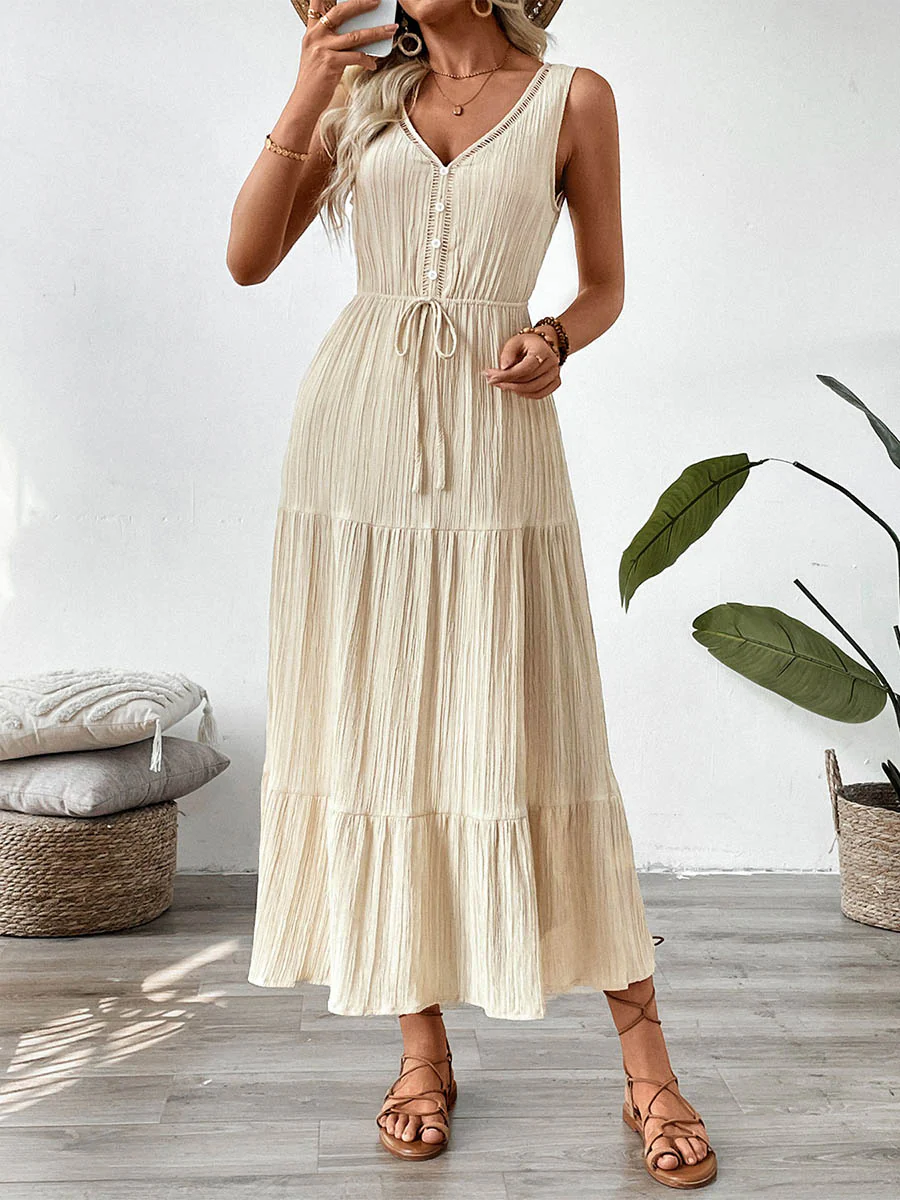 A-Line High Waisted Buttoned Pleated Solid Color Tied Waist V-Neck Maxi Dresses