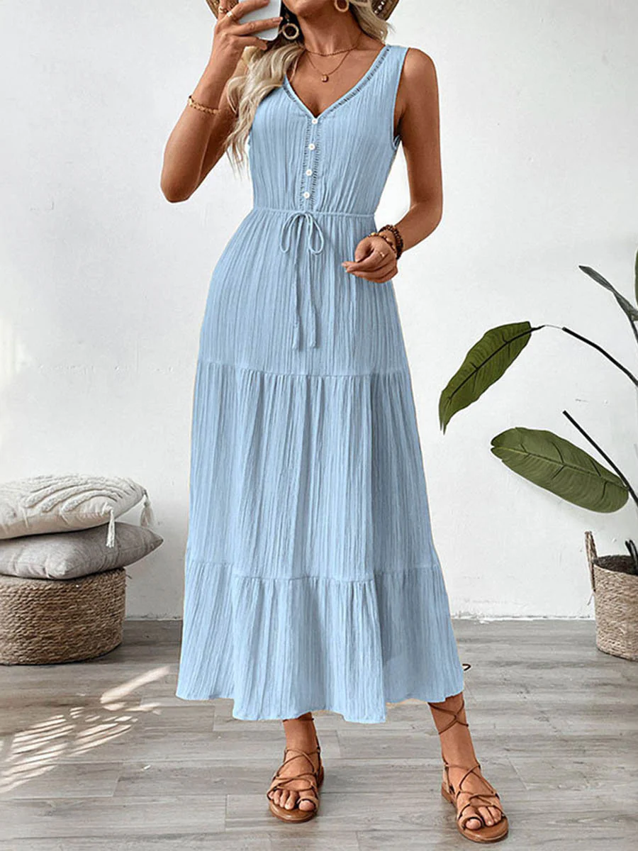 A-Line High Waisted Buttoned Pleated Solid Color Tied Waist V-Neck Maxi Dresses - Image 2