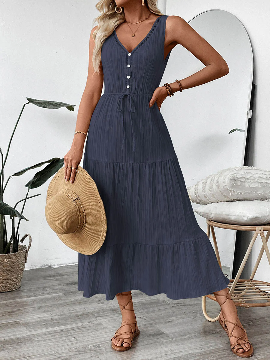 A-Line High Waisted Buttoned Pleated Solid Color Tied Waist V-Neck Maxi Dresses - Image 3