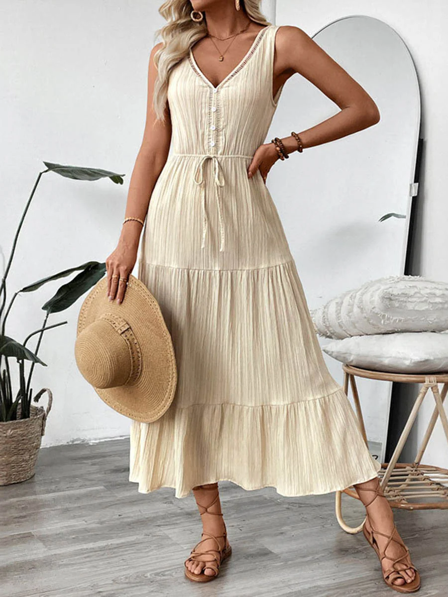 A-Line High Waisted Buttoned Pleated Solid Color Tied Waist V-Neck Maxi Dresses - Image 4