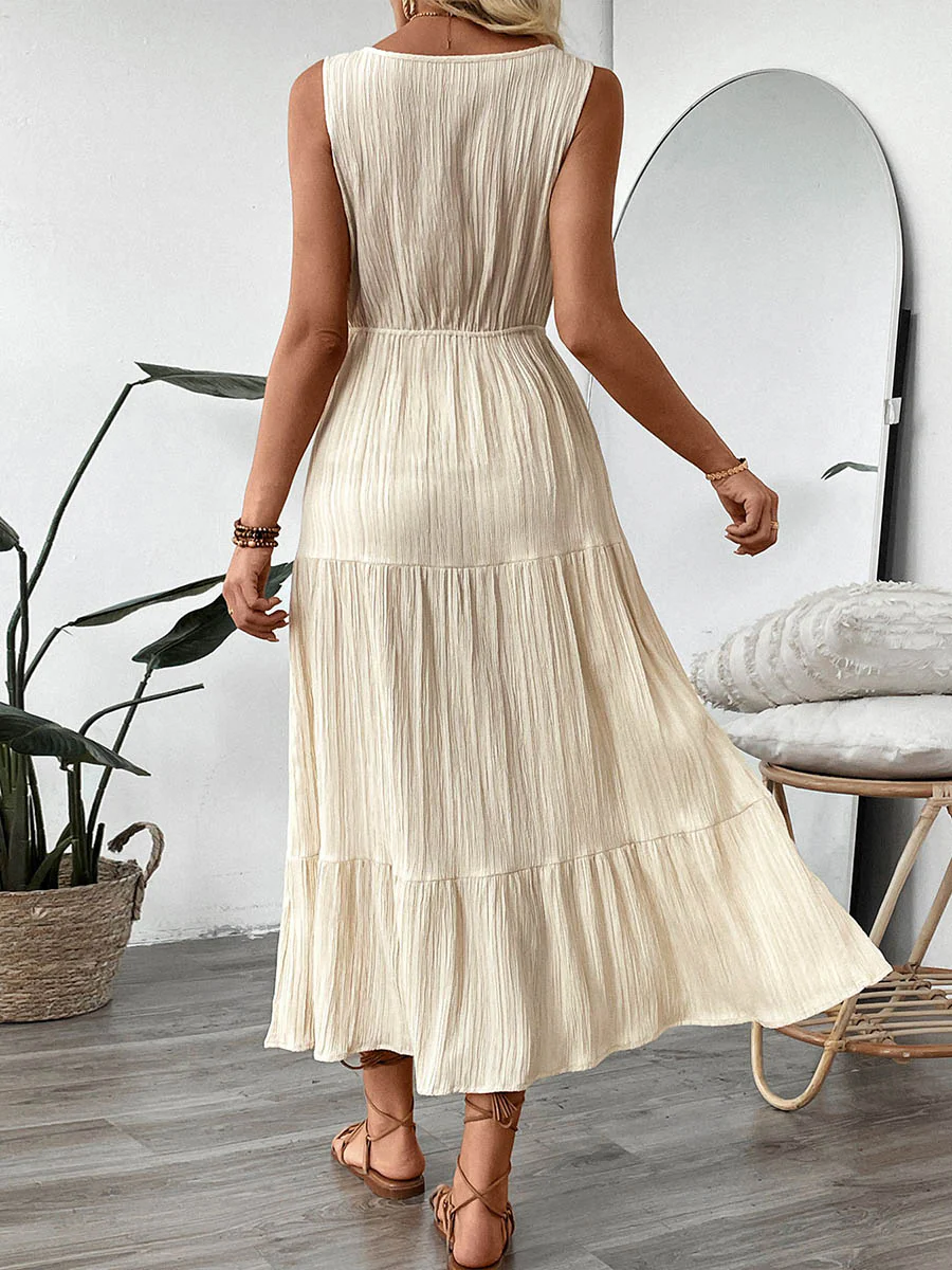 A-Line High Waisted Buttoned Pleated Solid Color Tied Waist V-Neck Maxi Dresses - Image 5