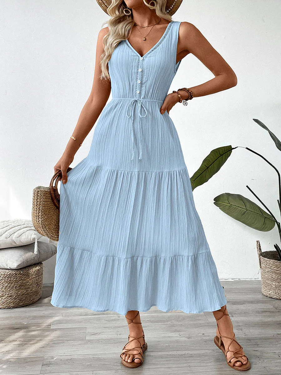 A-Line High Waisted Buttoned Pleated Solid Color Tied Waist V-Neck Maxi Dresses - Image 6