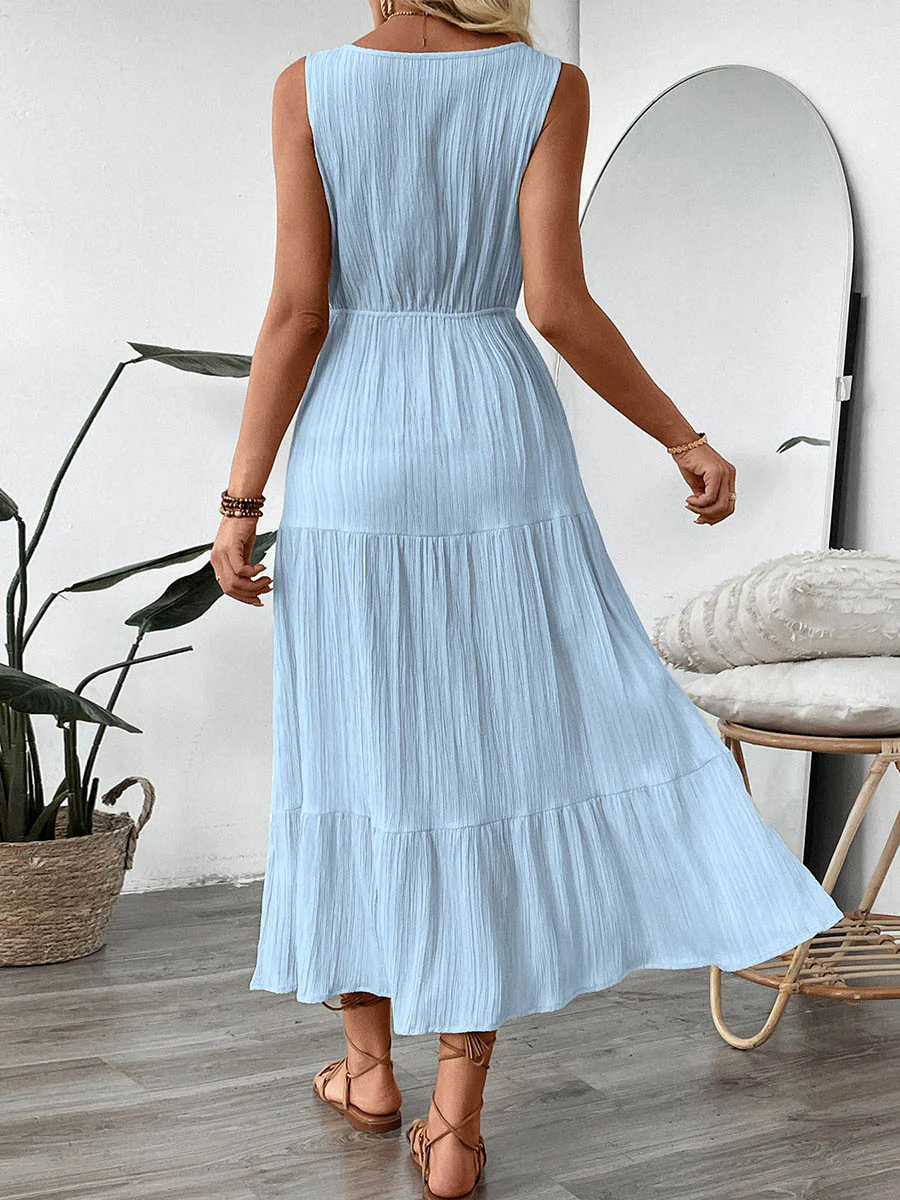 A-Line High Waisted Buttoned Pleated Solid Color Tied Waist V-Neck Maxi Dresses - Image 7