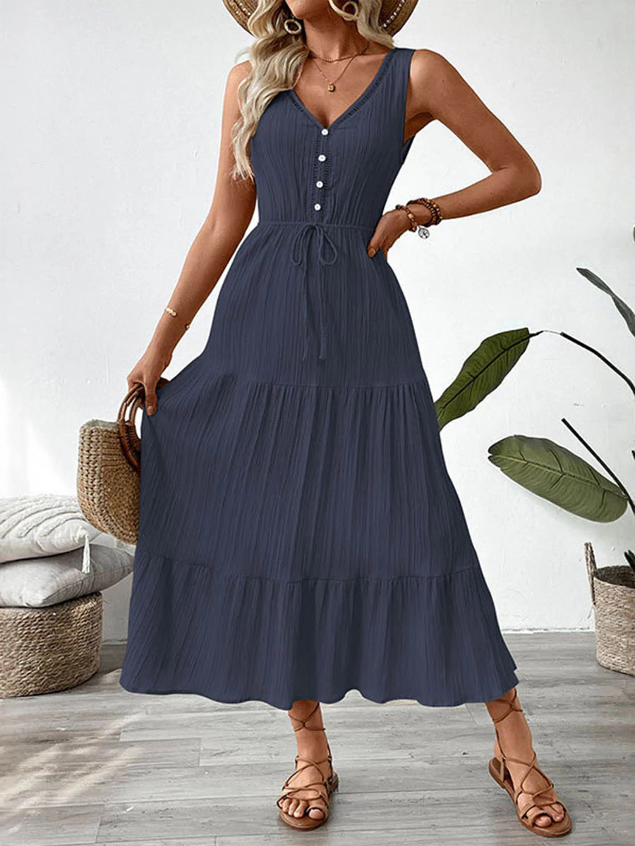 A-Line High Waisted Buttoned Pleated Solid Color Tied Waist V-Neck Maxi Dresses - Image 8